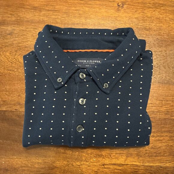 DENIM & FLOWER by Ricky Singh Casual Blue Dotted Men’s Polo Size L Slim Fit - Picture 12 of 12